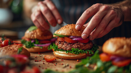 Recipe of delicacies, a delicious, satisfying and rich hamburger - obrazy, fototapety, plakaty