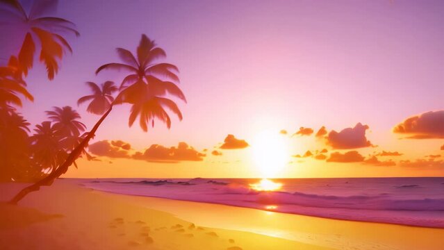 tropical beach with palm trees. 4k video animation