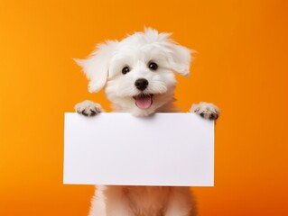 White puppy dog holding blank sign on orange background - obrazy, fototapety, plakaty
