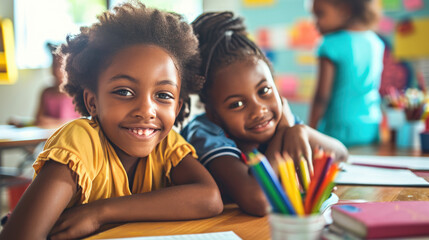 Two young girls smiling and embracing each other in a classroom setting, with colored pencils and school supplies on the table in front of them. - obrazy, fototapety, plakaty