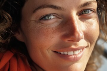 Intimate close-up of a woman's face, her striking eyes and natural beauty illuminated in warm light - obrazy, fototapety, plakaty