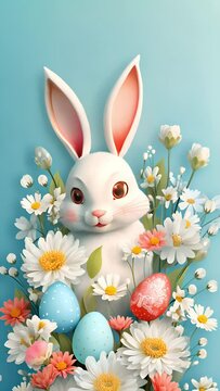 Talking Easter bunny with eggs in the grass with flowers
