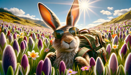 A bunny with a basket in a meadow wearing sunglasses on a sunny shiny day admits crocus - obrazy, fototapety, plakaty