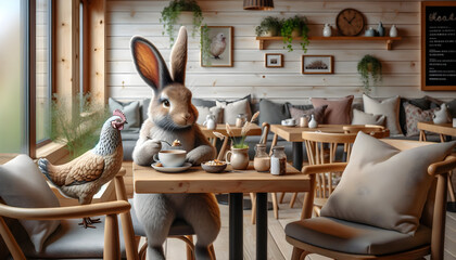 A lifelike rabbit in a cosy café having breakfast and coffee