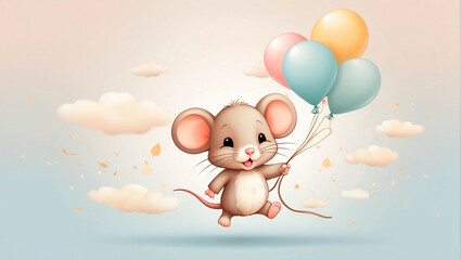 little cheerful mouse with balloons in pastel colors. A drawing for a children's room, a welcoming opening. children's drawing