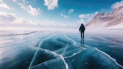 Man tourist walking on the ice of lake