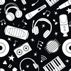 Musical seamless pattern. Headphones and microphones, sound speaker and music notes. Black and white stylish decent vector fabric print template