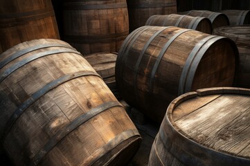 Classical capacity barrels. Vintage and wooden butt with aged traditional structure. Generate AI