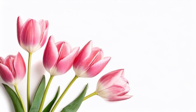 Bouquet of pink tulips on a white background. Place for text.