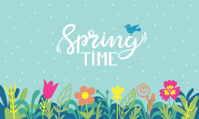 Fototapeta na wymiar Spring lettering background. Doodle flowers and plants, handwritten seasonal phrase. Invitation, poster or ad banner neoteric vector template