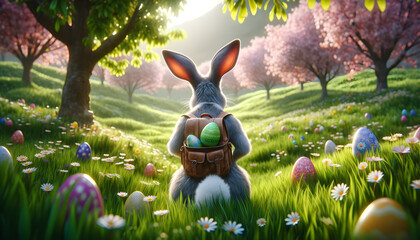 Easter bunny in a verdant green meadow carrying Easter eggs