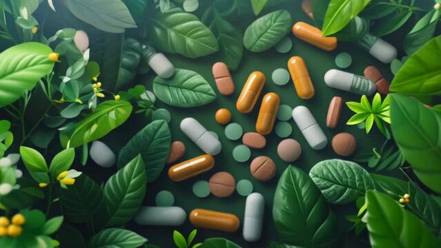 Natural supplements on green leaves nature background. Many health care multivitamins. Medicine vitamins for treatment. Organic bio pills. Herbal capsules. Homeopathy concept. Vegan detox product.