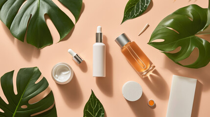 An assortment of skincare products arranged amidst tropical green leaves on a peach-colored background.