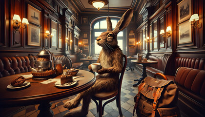 A rabbit in a classic Viennese café having a coffee for breakfast when having a break from Easter delivery - obrazy, fototapety, plakaty