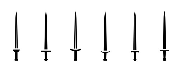 Set of sword vector icons. Long knight weapon. Medieval vintage sword. Fight symbol. - obrazy, fototapety, plakaty