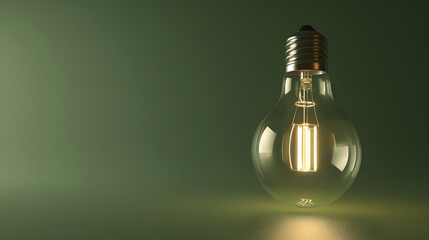 Light bulb on green background with copy space. Glowing light bulb symbol of new idea, inspiration, innovation, solution, creativity concept. Design for banner, card, poster, ads.