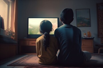 Back view teenage Indian girl and boy movie time. Siblings at home in front of tv screen. Generate ai - obrazy, fototapety, plakaty
