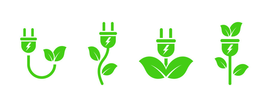 Set of green leaf and electric plug vector icons. Electric adapter and leaves. Green energy symbol. Flower cable. Save ecology.
