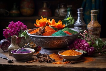 Vibrant colors and spices. traditional indian holi essence on dark rustic backdrop