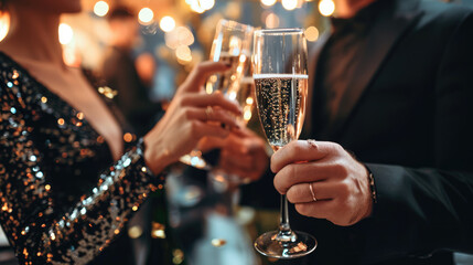 Close-up of two people in formal attire toasting with champagne glasses.