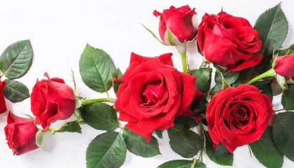 Red roses on white background. Top view. Valentine's Day.