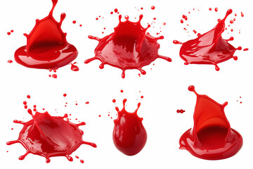 red drops and splashes of ketchup or sauce isolated on white background
