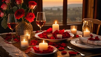 Naklejka na ściany i meble Romantic dinner setting with red roses, candles and glasses of rose wine