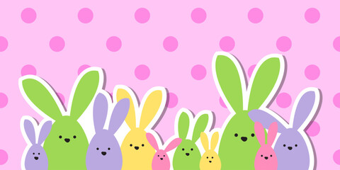 Celebration Greeting Easter card, colorful easter bunny family on polka dot background