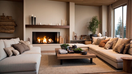 modern spacious room with a fireplace