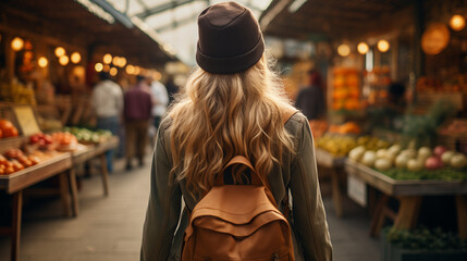 Eco-Conscious Idea and Sustainable Lifestyle: Blonde Woman Shopping for Vegetables at the Local Market.
