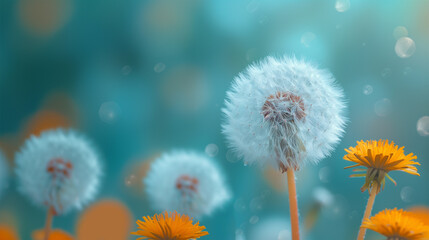 Obraz premium Close-up of Dandelion (Blowball) and Seeds in a Green Meadow. Spring and Summer Floral Wallpaper.