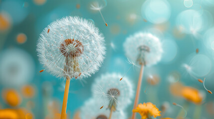 Close-up of Dandelion (Blowball) and Seeds in a Green Meadow. Spring and Summer Floral Wallpaper.