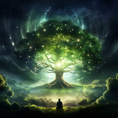 Celestial Tranquility: Glowing Tree of Life in a Cosmic Night Sky and a Man Meditating.