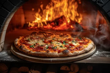 Foto op Plexiglas Freshly baked gourmet pizza straight from the brick oven emerges © Jawed Gfx