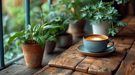 a cup of warm coffee on the table in the morning. enjoy the morning near the lounge window.