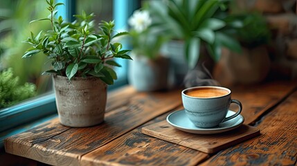 a cup of warm coffee on the table in the morning. enjoy the morning near the lounge window.