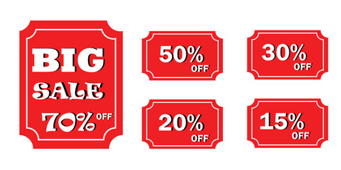  Price tags, special offer or shopping discount label with percent, discount. 20, 30, 40, 50, 60, 70, 80 percent price. Paper sticker. Promotional sale. 