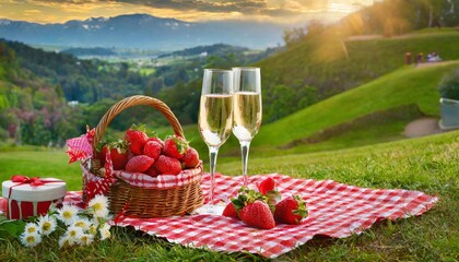 Two glasses of champagne and picnic basket with strawberries on green grass - obrazy, fototapety, plakaty