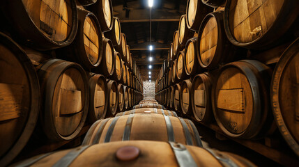 Whiskey bourbon scotch wine barrels in an aging facili