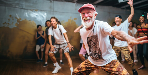 Joyful elderly man leading a dance class, spreading happiness among diverse participants.
