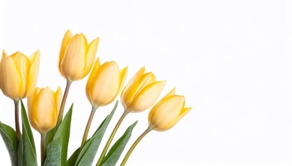 Yellow tulips on white background with copy space for your text.