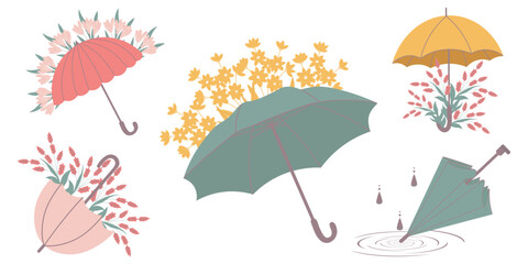 Spring flowers, leaves near an umbrella. Banner, card, poster, vector illustration.