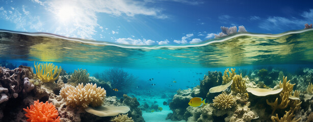 Over and under the sea with cloudy blue sky reflected on water surface and underwater a colorful coral reef with tropical fish