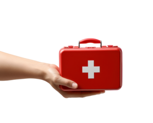 First aid kit held in hand, PNG isolated on a transparent background.