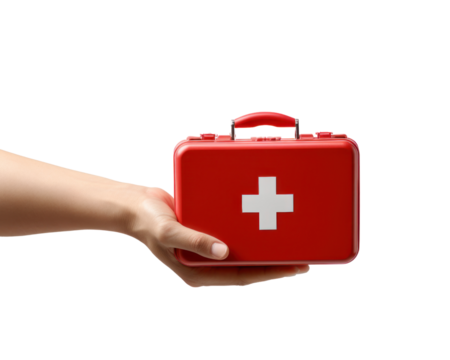 First aid kit held in hand, PNG isolated on a transparent background.