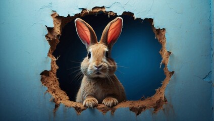 Bunny peeking out of a hole in blue wall, fluffy eared bunny easter bunny banner, rabbit jump out torn hole on blue color, Generative AI