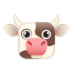 Cute cow icon for mobile app, simple farm animal head in square shape vector illustration