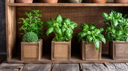Variety of young herb plants, including mint and basil, growing in black pots on a wooden surface.