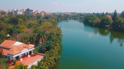 Fototapeta na wymiar Lakeside Villa Overlooking Tranquil Waters