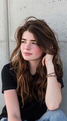 Contemplative Young Woman Sitting by Concrete Wall
